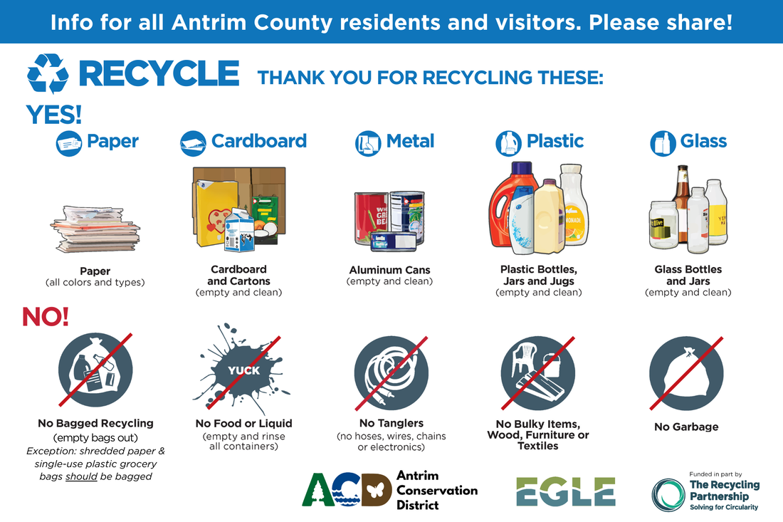 Recycling information for all Antrim County residents and visitors: YES, thank you for recycling paper, cardboard, metal, plastic, and glass. NO, the following materials cannot be recycled: no bagged recyclables other than shredded paper or plastic bags; no food or liquid; no 
